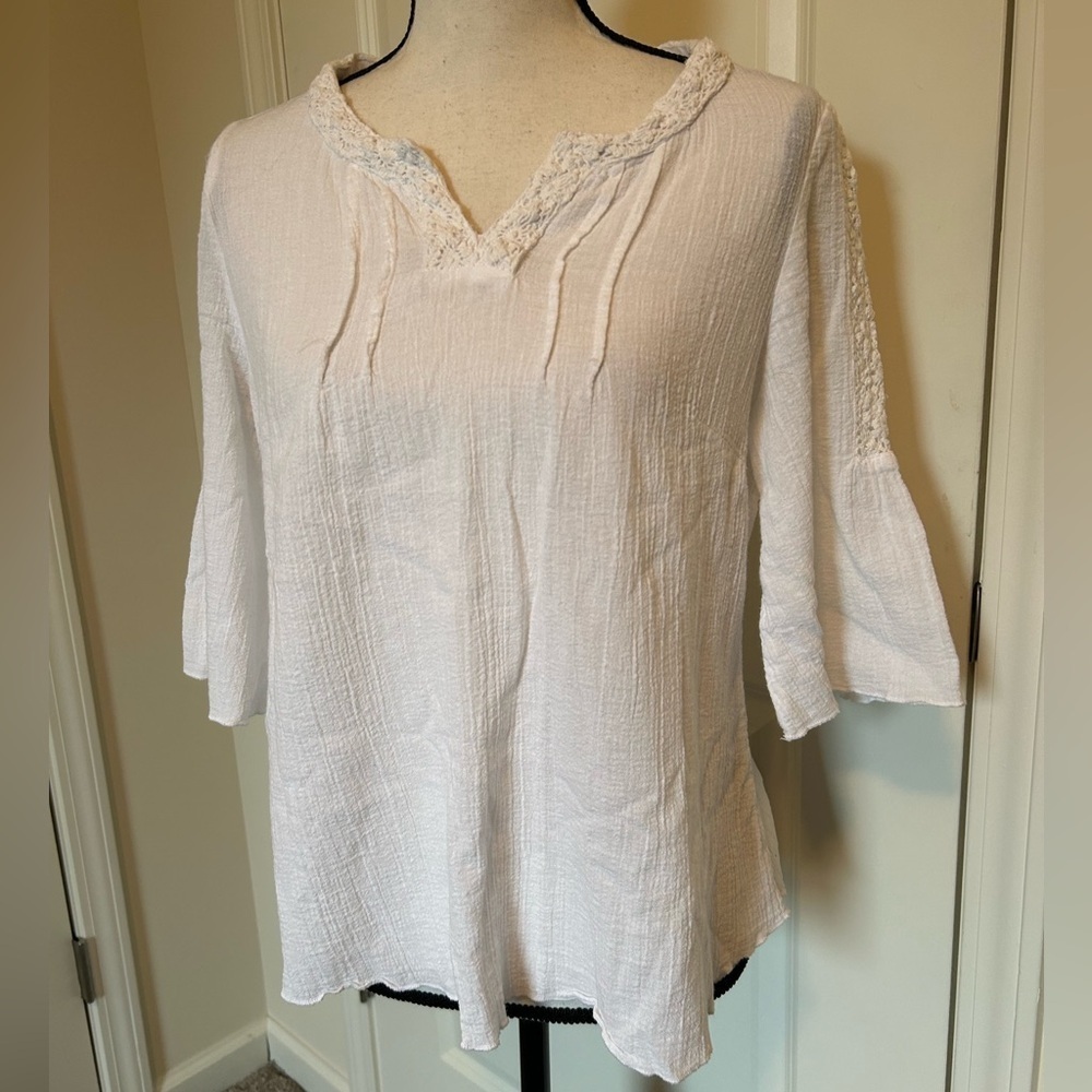 Blair white linen lace mid sleeve top